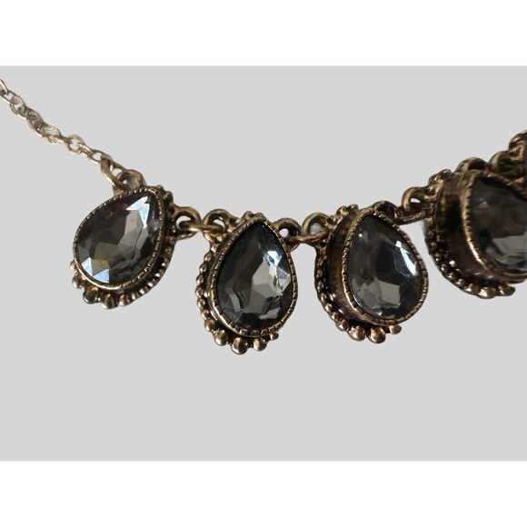 Smoky Gray Rhinestone Teardrop Bib Necklace Statement  Bronze Tone Chain Women - Picture 9 of 11